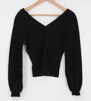 ARAVE Top Womens M Balloon Sleeve Black V-Neck Ribbed Textured Excellent thumbnail 1