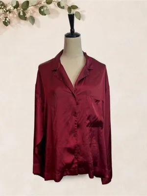 H&M Satin Button-Down Shirt in Wine thumbnail 2