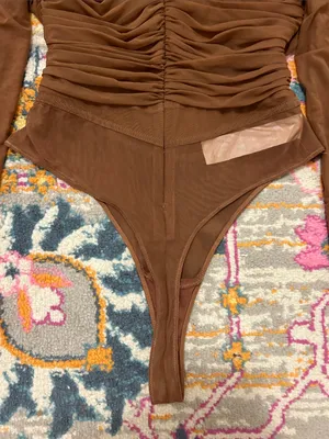 House Of CB Emme Mocha Ruched Chiffon Puff Sleeve Bodysuit Top Size Large thumbnail 14