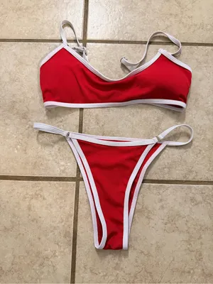 H&M Red & White Contrast Trim Ribbed Bikini thumbnail 1