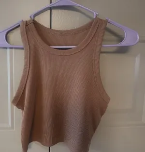 Shein ribbed crop cropped top crew neck tank top in latte brown size small. thumbnail 1