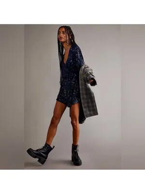 Free People Christa Long Sleeve‎ Sequin Romper Navy Blue Size XS thumbnail 2
