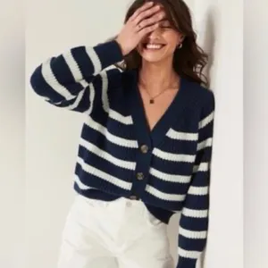 Gap shaker stitch Classic cotton navy white stripe nautical cardigan sweater M thumbnail 15