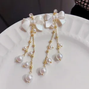 Elegant Bow White Pearl Dangle Drop Earrings for Women,Pearl Earrings thumbnail 2