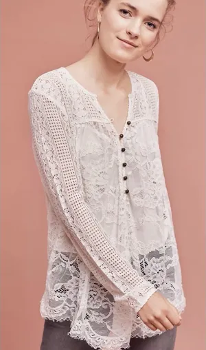 Anthropologie Floreat Cream Lace Henley Top Size 6 thumbnail 1