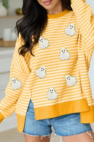 Stripe Halloween Ghost Patch Round Neck Long Sleeve Top thumbnail 1