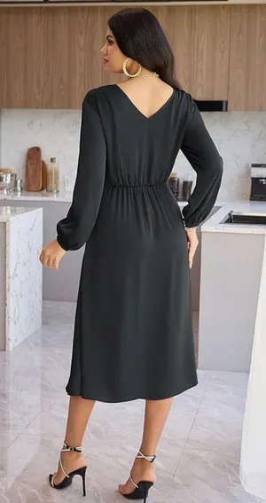 Grace Karin Women's Long Sleeve Satin Wedding Guest Dress with Slit Elegant Boat Neck High thumbnail 5