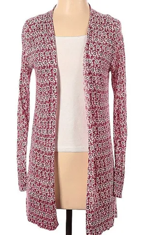 Loft Womens SIze XS Open Duster Cardigan Thin Semi-Sheer Red White Purple Floral thumbnail 1