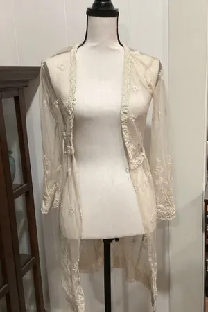 Elegant Cream Sheer Lace Cardigan thumbnail 1
