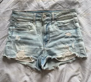 American Eagle Outfitters Light Blue Distressed Lace-Trim Denim Shorts thumbnail 1