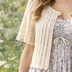 Vintage Crochet Open Knit Cardigan Sweater Medium Cream Ivory Button Up Handknit thumbnail 5