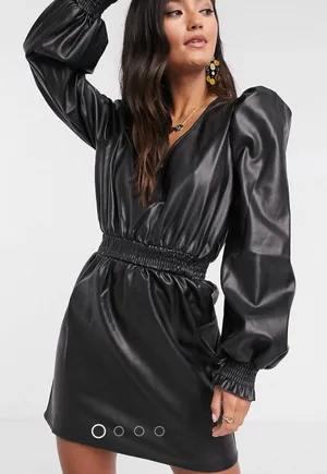 ASOS Leather Long Sleeve Dress Puff Sleeve thumbnail 1