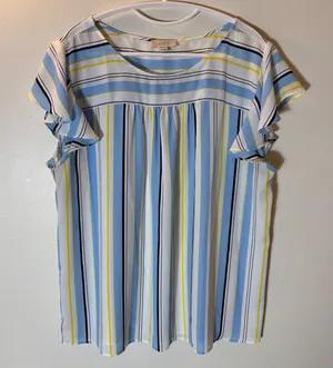 Loft Striped Flutter Sleeve Blouse Size XL Blue Yellow thumbnail 1