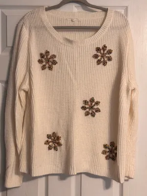 Retrology Cream Ribbed Jeweled Snowflake Crew Neck Long Sleeve Knit Sweater XL thumbnail 1