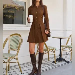 Rihoas Brown Ruched Button A-Line Mini Dress thumbnail 5