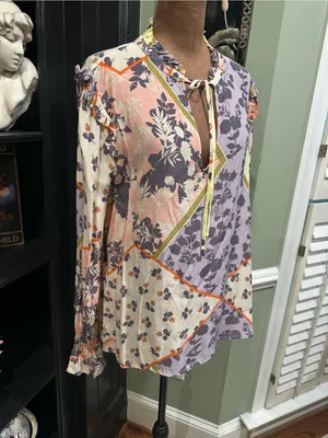 Sanctuary “After Party” Boho Floral Tie‑Neck Blouse – Size Medium thumbnail 3