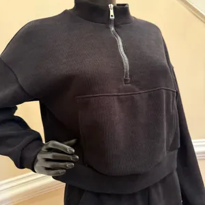 Two Piece Ribbed Set Tracksuit Sport Set Gym Crop Top Mock Neck Blouse Pants thumbnail 5