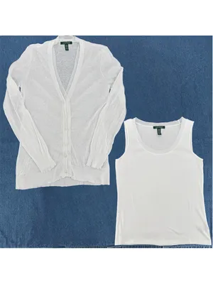 Lauren Ralph Lauren White Cardigan & Tank Top Set Linen Cotton Ribbon Trim Med thumbnail 2