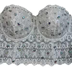 White Lace Bustier Crop Top Womens M Beaded Rhinestone Corset Cami Y2K Bridal thumbnail 15