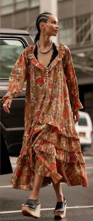 Free People Garden Wonders Maxi Dress Retro 70s Bohemian Floral Size Large thumbnail 1