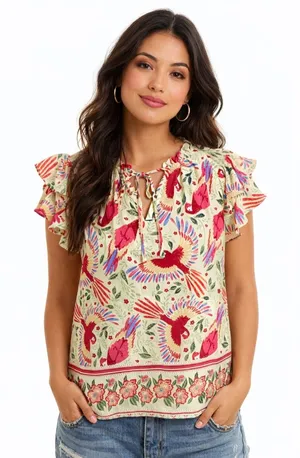 Rachel Roy Boho Parrot Print Flutter Sleeve Blouse Small Colorful Bohemian Top thumbnail 1