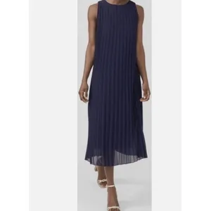 J. McLaughlin Sleeveless Pleated Midi Dress XS Navy Blue Lined Wedding Prom Chic thumbnail 2