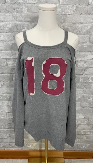 Free People Gray Cold-Shoulder Sweatshirt with Burgundy '18' Patch thumbnail 1