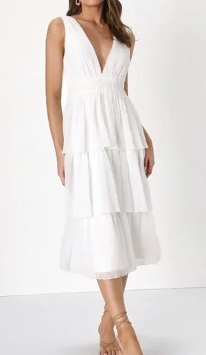 Lulus dreamy mood white Swiss dot tiered midi dress. Polyester. Size Small. thumbnail 1