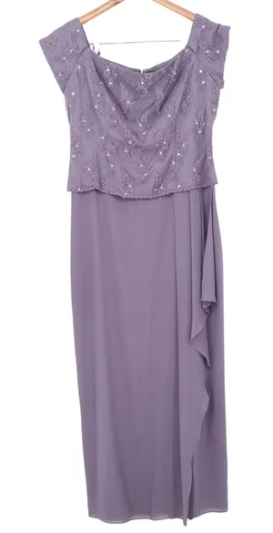 Cachet Dress Women's 10 Purple Beaded Lace Chiffon Maxi Gown Excellent thumbnail 1