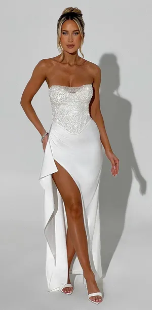 NWT Babyboo Emrielle Ivory Rhinestone Beaded Strapless Maxi Dress Women’s Size S thumbnail 1