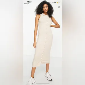 Asos design knitted midi dress in cream buttoned with collar thumbnail 3