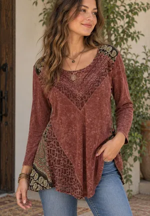Gimmicks BKE Womens Boho Tunic Top Large Paisley Burnt Pink Open Back Indie thumbnail 1