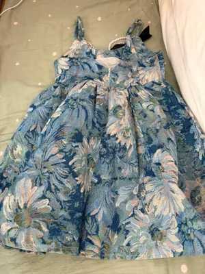 Blue White Floral Jacquard Mini Dress Square Neck Bow Pearl（only ONE‼️ BOW) thumbnail 7