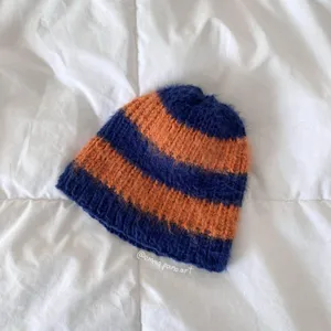 striped orange and blue Chicago Bears NFL fuzzy women’s beanie thumbnail 1