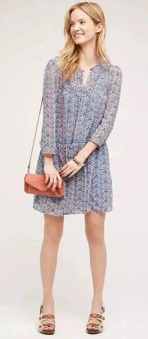 Holding Horses Anthropologie Blue Floral Babydoll‎ Mini Dress Crochet Trim - 10 thumbnail 1