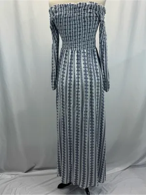 Altar'd State White and Navy Smocked Off-Shoulder Maxi Dress L Boho Cottagecore thumbnail 6