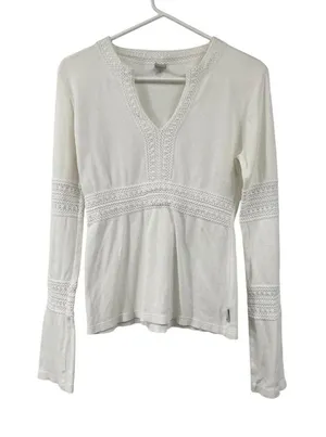 Vintage Prana Cream Blouse Womens Medium Used Organic Cotton Crochet Top thumbnail 1