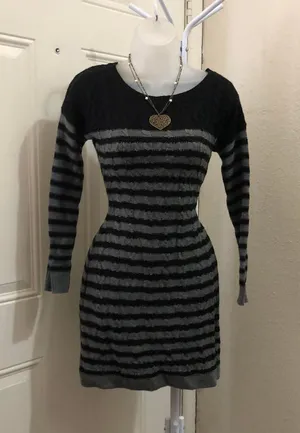 2000s Gothic Emo Punk Whimsygoth Grey black striped sweater dress long sleeve-S Measurement in pics thumbnail 1