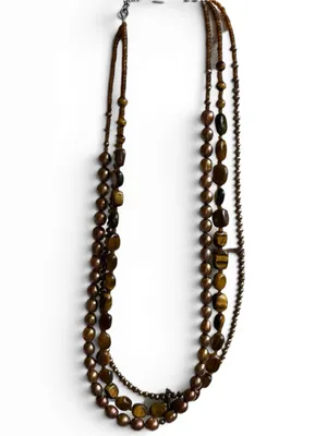 NWT Peyote Bird 3 strand tigers eye, copper, pearl necklace thumbnail 2