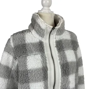 Abercrombie Sherpa Check Fleece Plaid Full Zip Jacket Coat Gray and White Size Medium thumbnail 6