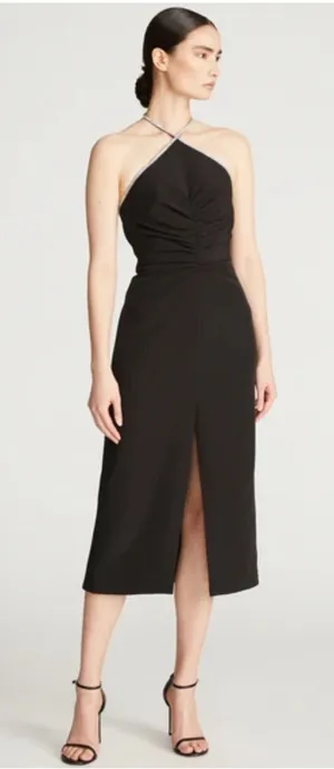 NWT Halston Womens Piper Crystal Trim Crepe Ruched Midi Halter Dress Black 6 thumbnail 1
