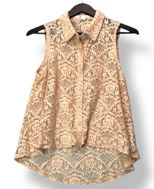 Womens Lace Sleeveless Blouse Peach M Sheer‎ Romantic Soft Girl Top Coquette thumbnail 1
