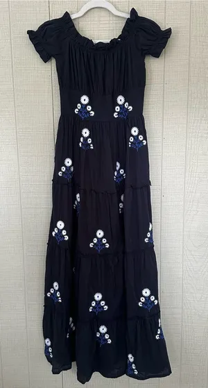 Madison Matthews Navy floral Maxi tiered long Dress short puff sleeves size XS thumbnail 1