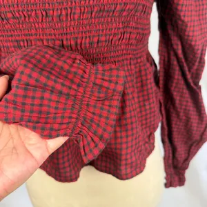New American Eagle Long-Sleeve‎ Smocked Ruffle Plaid Top Red Gingham Women Small thumbnail 5