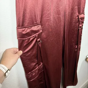 Persaya Women’s Wide Leg Satin Cargo Pants in Burgundy/Brown Size XL thumbnail 8
