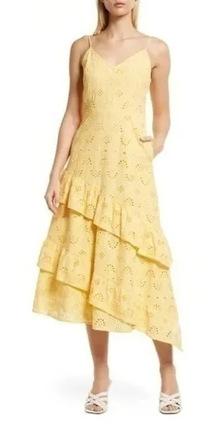 Sam Edelman 100% cotton Tiered Ruffle Cotton Eyelet‎ Yellow Dress Size 2 thumbnail 1