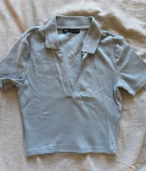 Zara Pale Blue Collared Crop Polo thumbnail 1