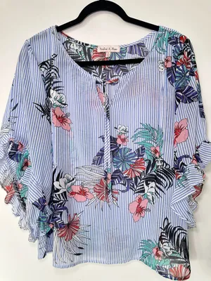 Harlow & Rose Blue and White Striped Floral Print Flutter Sleeve Tunic Top thumbnail 1
