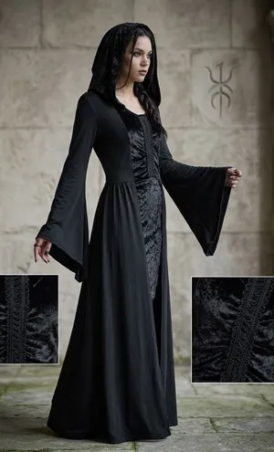 Gothic Hooded Maxi Dress Black Velvet Bell Sleeve Medieval Witchy Gown M/L thumbnail 1