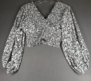 Abercrombie & Fitch Blouse Womens Small Blue Floral Smocked Long Sleeve Crop Top thumbnail 1